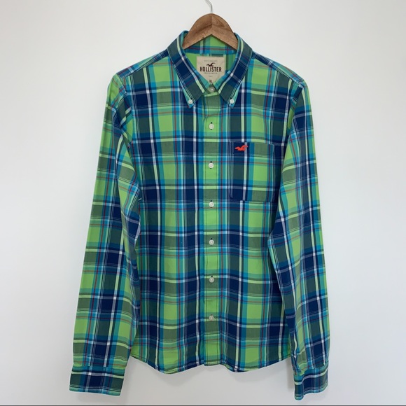 Hollister Men Size XL Shirt Plaid Soft Woven Long Sleeves Blue & Green - Picture 2 of 12